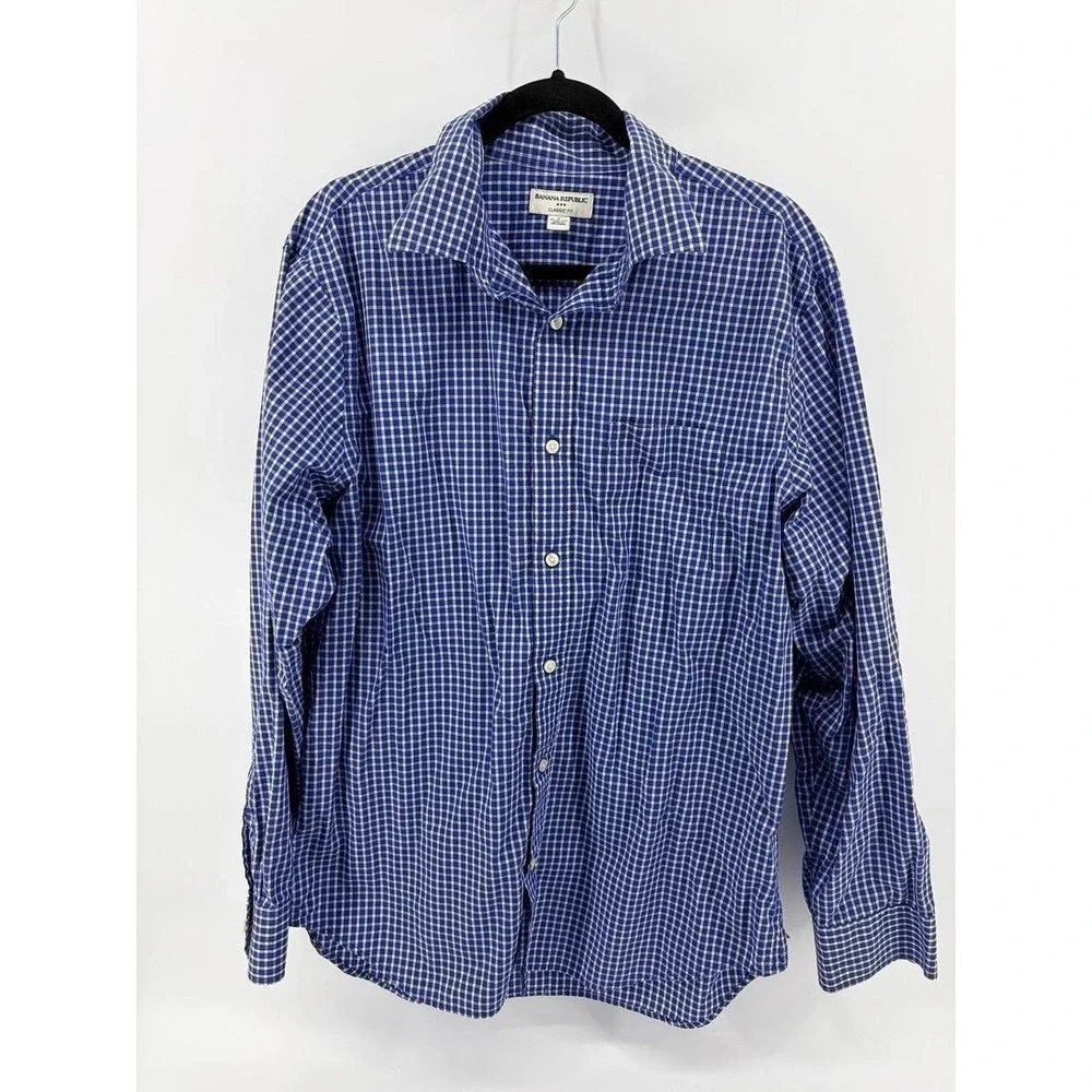 Banana Republic, Classic Fit, Blue Plaid, Long Sleeve, Button Up Dress Shirt, L